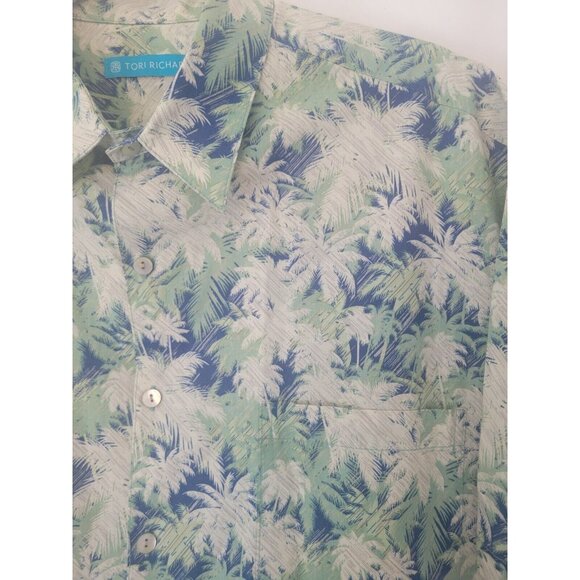 Tori Richard Hawaiian Shirt Mens L Cotton Lawn Tropical Button Up Palms Blue Gre - Picture 3 of 11